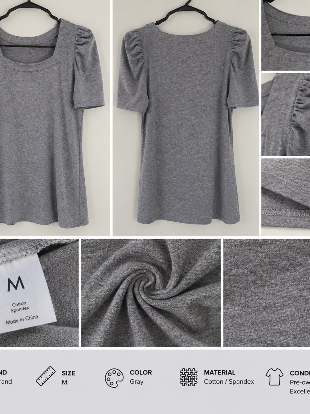 Women's Gray Puff Sleeve Square Neck Short Sleeve Top Size M | Casual Basic Blou